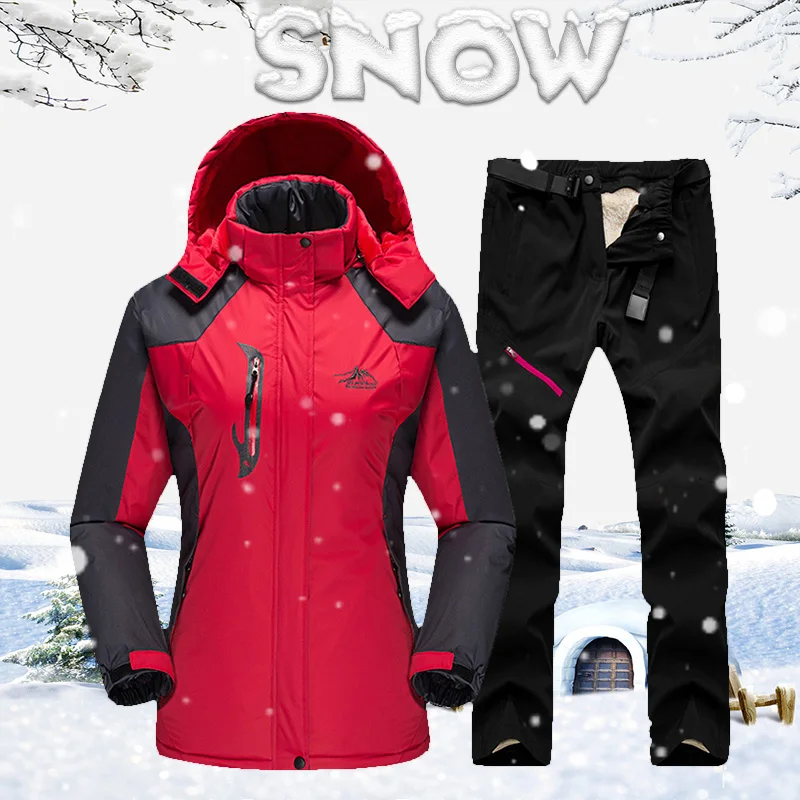 Женский лыжный костюм, уличная водонепроницаемая ветрозащитная лыжная куртка для сноуборда + флисовые брюки, зимние женские теплые лыжные ...