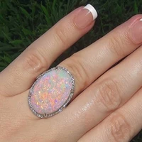 fashion large oval fire opal ring fashion jewelry white moonstone bright color ring for women wedding engagement ring