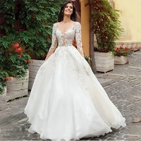 sodigne long sleeves wedding dresses 2021 lace appliques sexy deep v neck illusion tull bridal dress wedding gowns custom made
