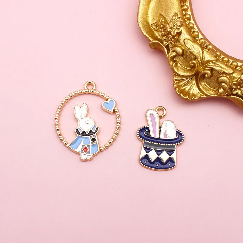 

10pcs/lot Enamel Metal Cartoon Magic Hat Rabbits Pendant Charms DIY Necklace Earrings Keychain Making Jewelry Accessories