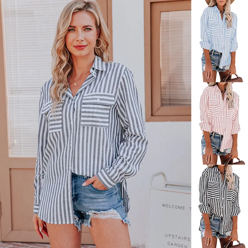 

2022 Women Fashion Contrast Color Striped Print Smock Blouse Office Ladies Breasted Casual Shirts Chic Blusas Tops LS9314