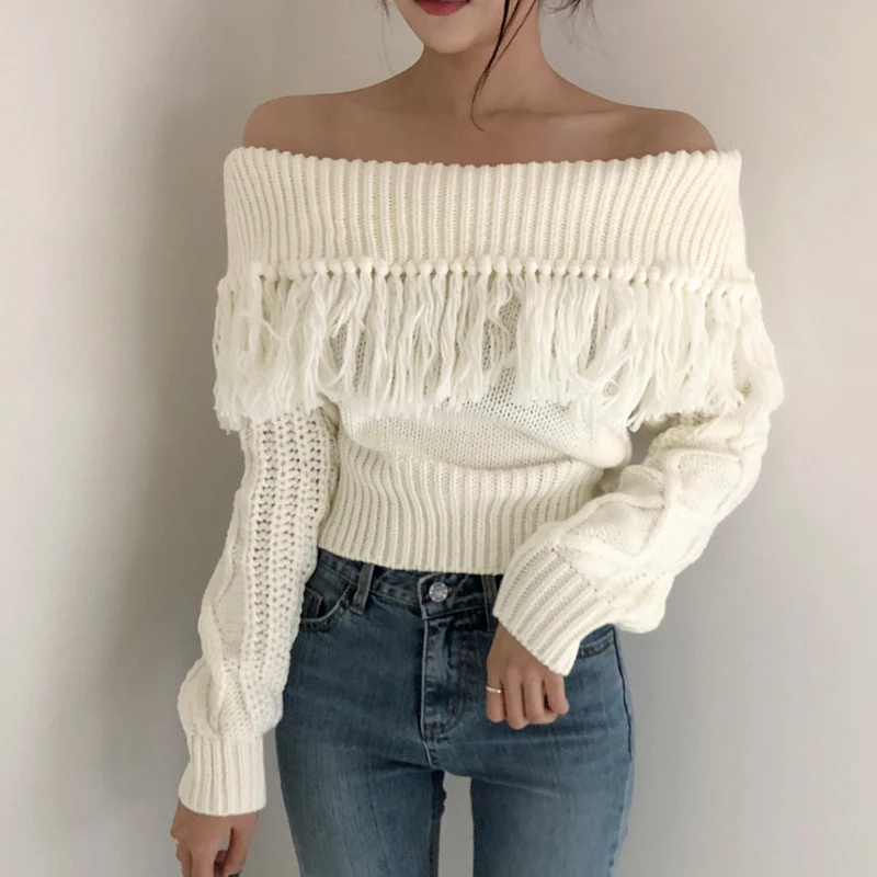 Woherb Sexy Off Shoulder Tassel Sweater Women Loose Long Sleeve Twist Knitted Pullovers 2021 Vintage Korean Crop Sweaters Jumper | Женская