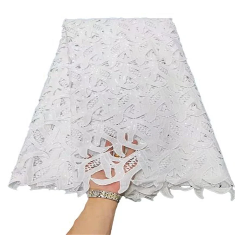 

Pure White Guipure Cord Lace High Quality Nigerian African Cord Lace Sequins Fabric Punch Water Soluble For Party Material