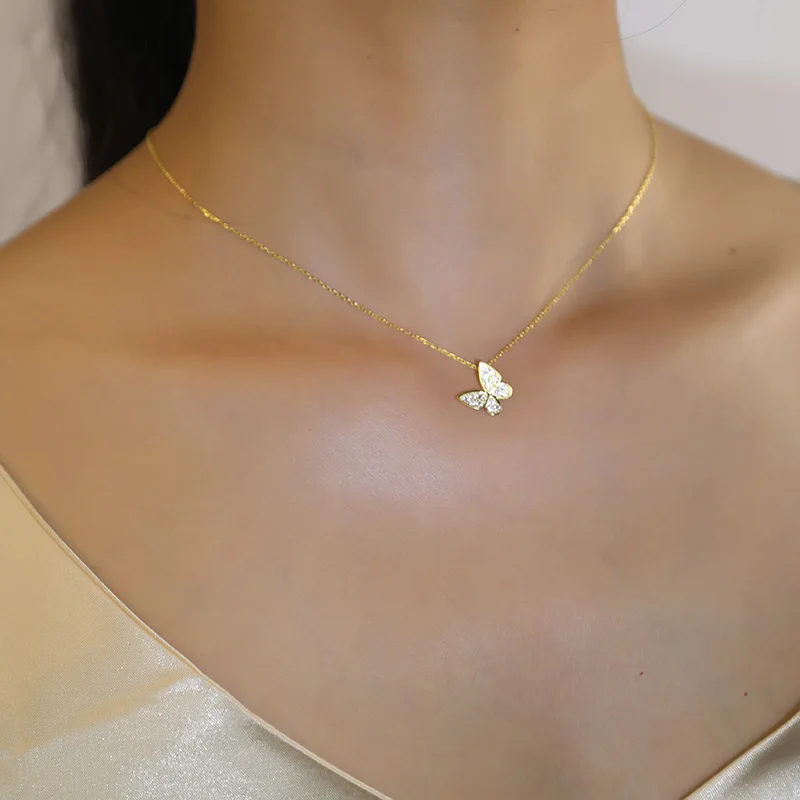TrustDavis Real 925 Sterling Silver Butterfly Pendant Clavicle Chain Necklace Women 14K Gold Plated Party Jewelry Gift L116 | Украшения и