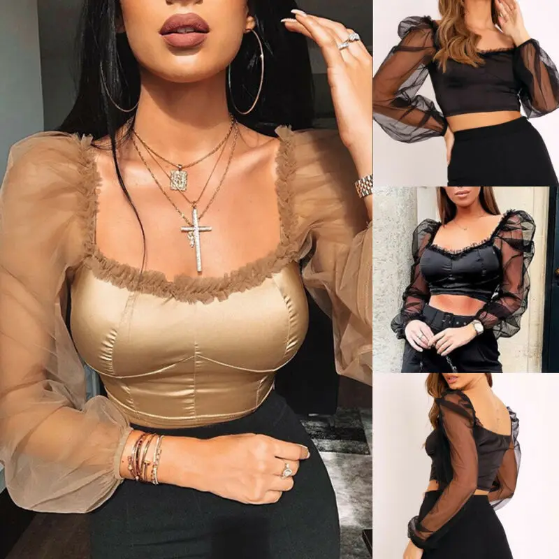 

Женские укороченные топы, повседневные футболки, сетчатая блузка с пышными рукавами, Облегающая посадка