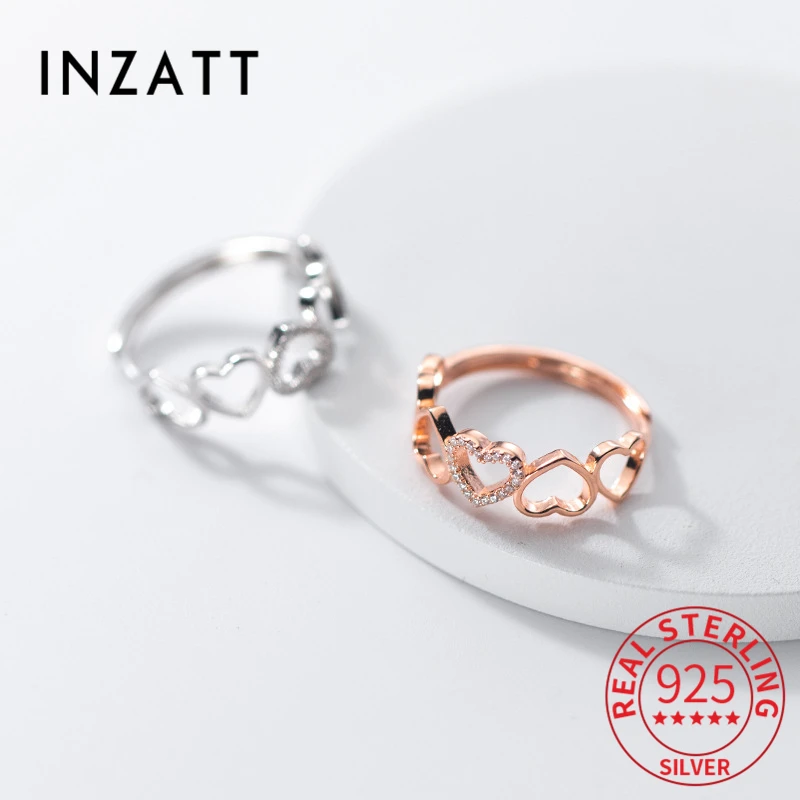 

INZATT Real 925 Sterling Silver Zircon Stacked Heart Adjustable Ring For Women Party Cute Fine Jewelry Minimalist Accessories