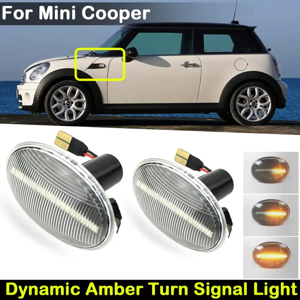 

2 шт. прозрачные линзы светодиодный Авто Боковой габаритный фонарь динамический Янтарный указатель поворота светильник для Mini Cooper R55 R56 R57 R58 R59