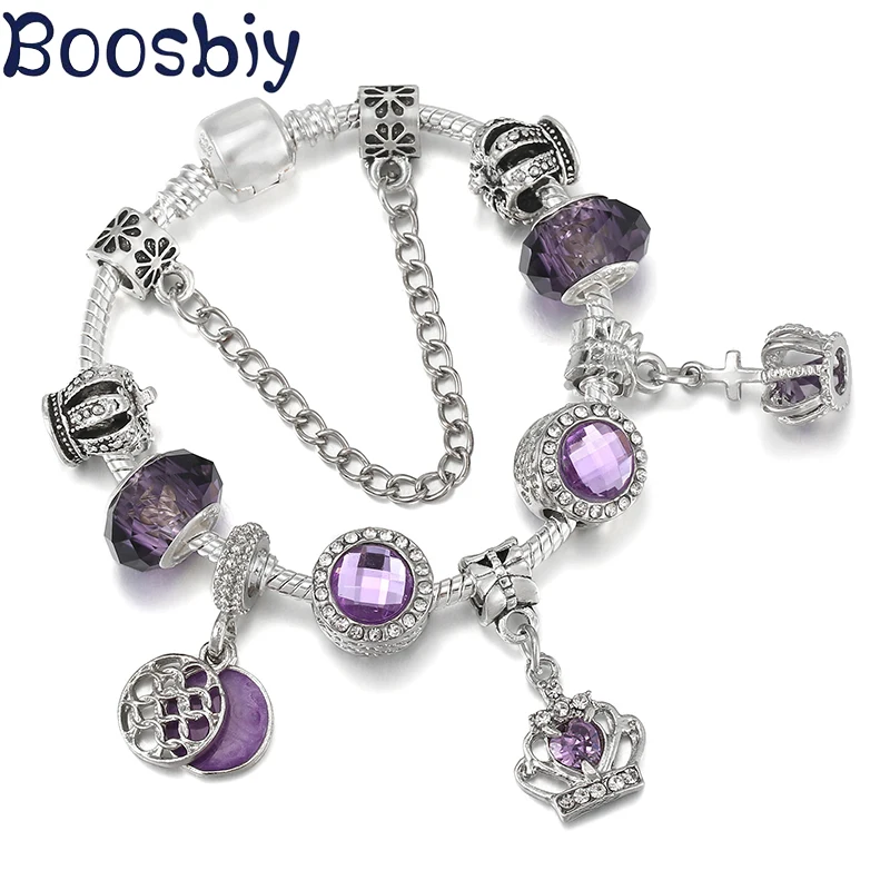 

High Quality European Brand Silver Plated Charm Bracelet With Purple Crown Pendants DIY Jewelry Gift For Women To Be A Queen