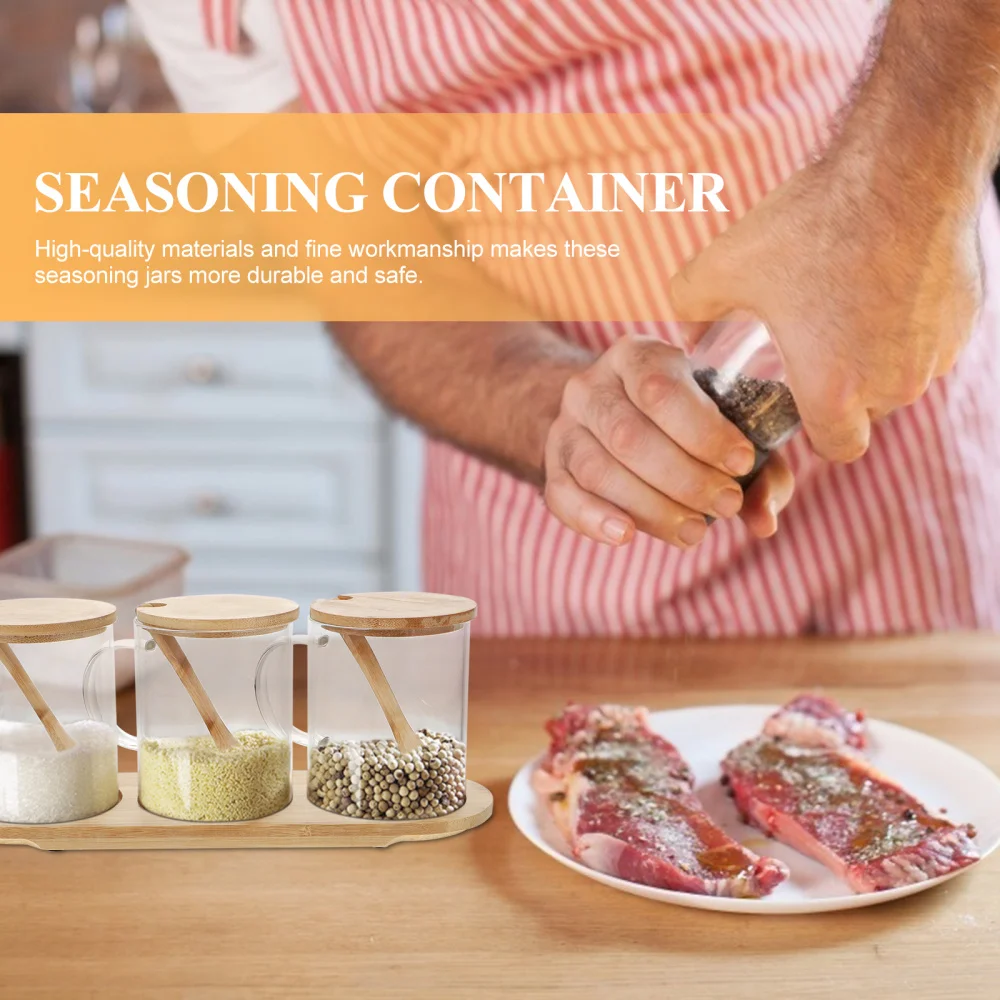 

1 Set 4Pcs 300ml Glass Spice Jars Wood Tray Kit Seasoning Cans (Assorted Color)