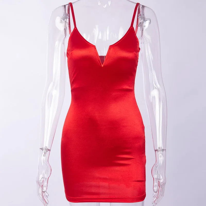 

Bangniweigou Plunge V Neck Bodycon Satin Red Dress Night Party Backless Glossy Shimmer Mini Dress Spaghetti Straps Summer Robe