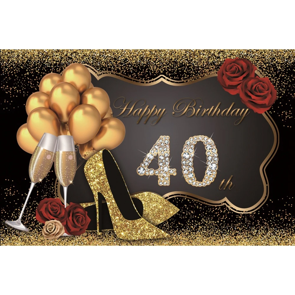 

40th Birthday Backdrop Golden Balloon Rose Flower Vinyl Photography Background For Photo Studio Shoot Photophone Photozone