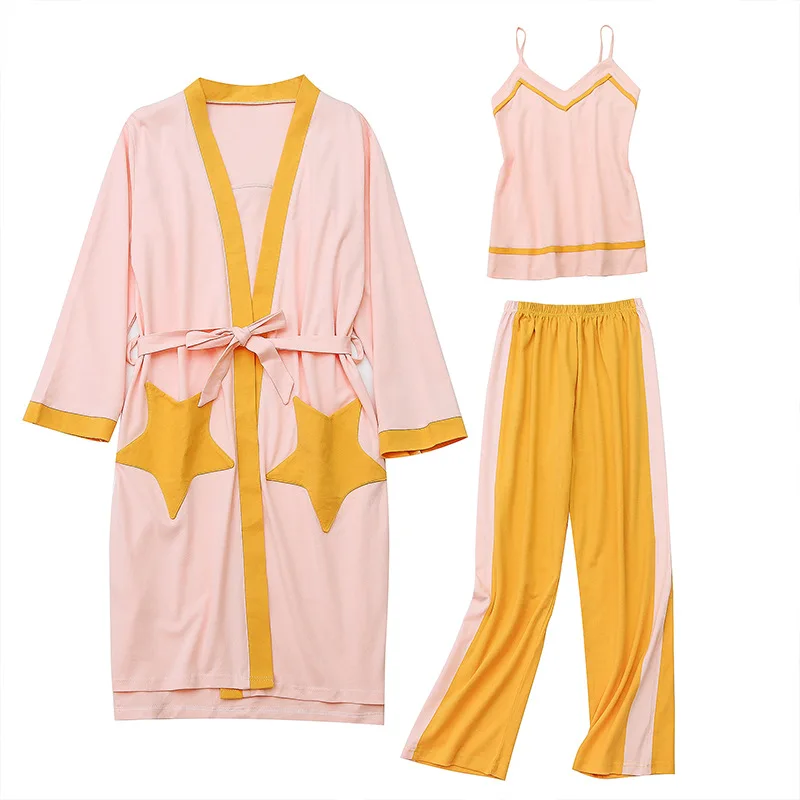 

3pcs Pajamas Women Autumn/winter Long Sleeve Cotton Sling Sexy Loose Plus Size Nightgown Kimono Home Service Japanese Style Robe