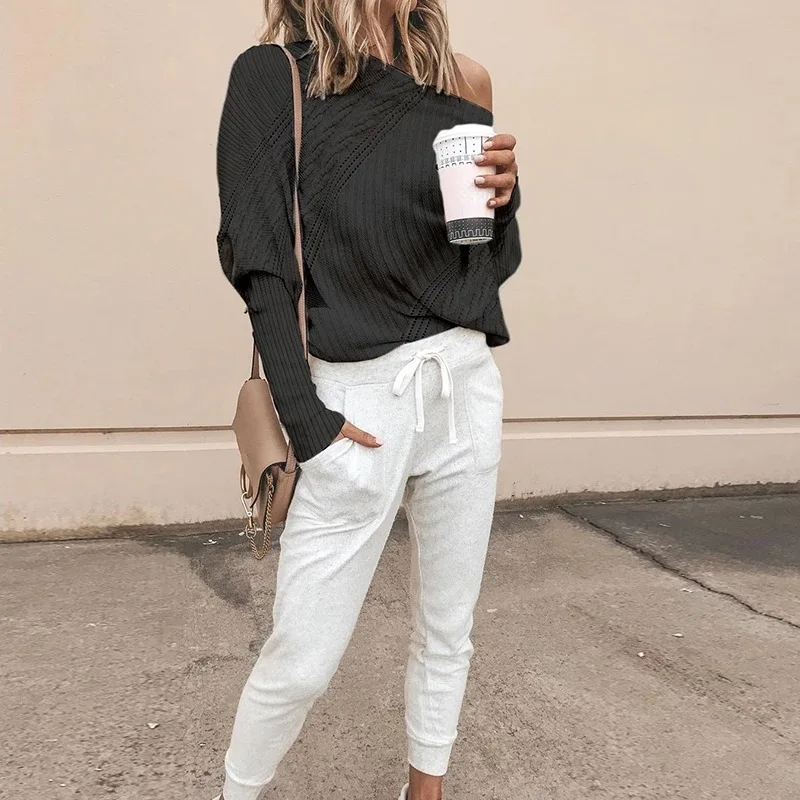 Женский свитер с открытыми плечами однотонный Белый Свободный вязаный пуловер