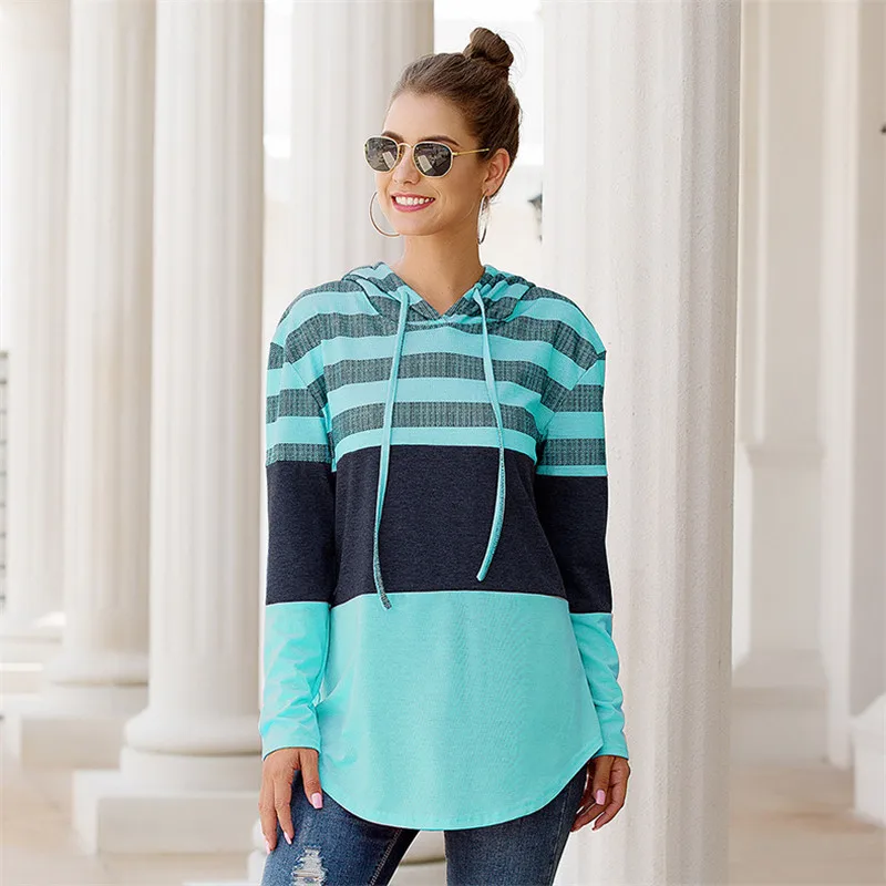 Повседневные полосатые Лоскутные рубашки с капюшоном для женщин осенние модные