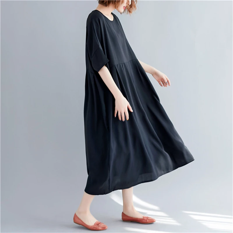 

Short Sleeve Cotton Linen Summer Black Dresses For Women 2021 Knee Dress Loose Long Casual Ladies Dress Fashion Style Clothes