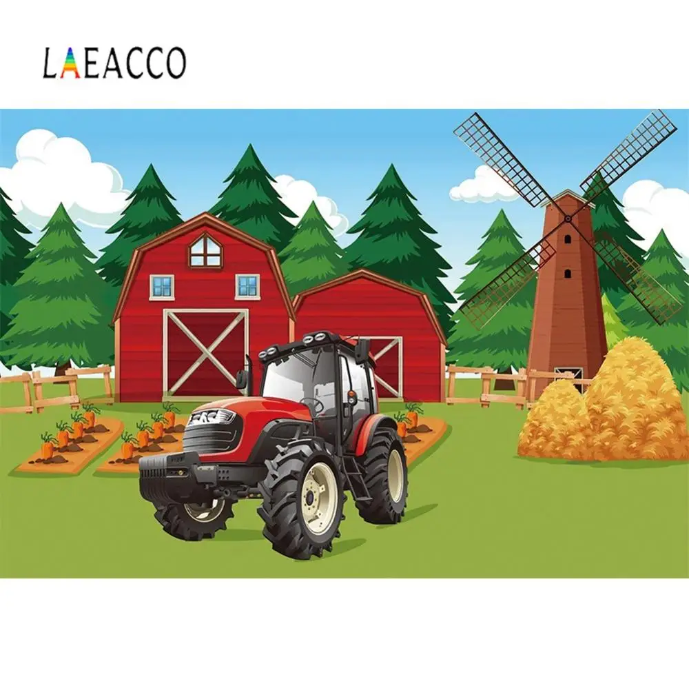 Laeacco Rural Farm Детский рисунок зеленая трава ветряная мельница грузовик дерево