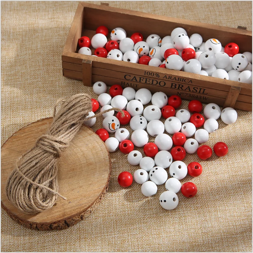 

200Pcs Snowman Round Wood Beads And Beading Stretch Cords Hemp Rope Line 10 meters Jewelry Making Bracelet Necklace With Box