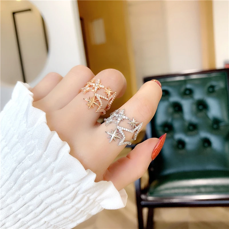 Модные кольца с пятиконечными звездами и кристаллами ювелирные изделия