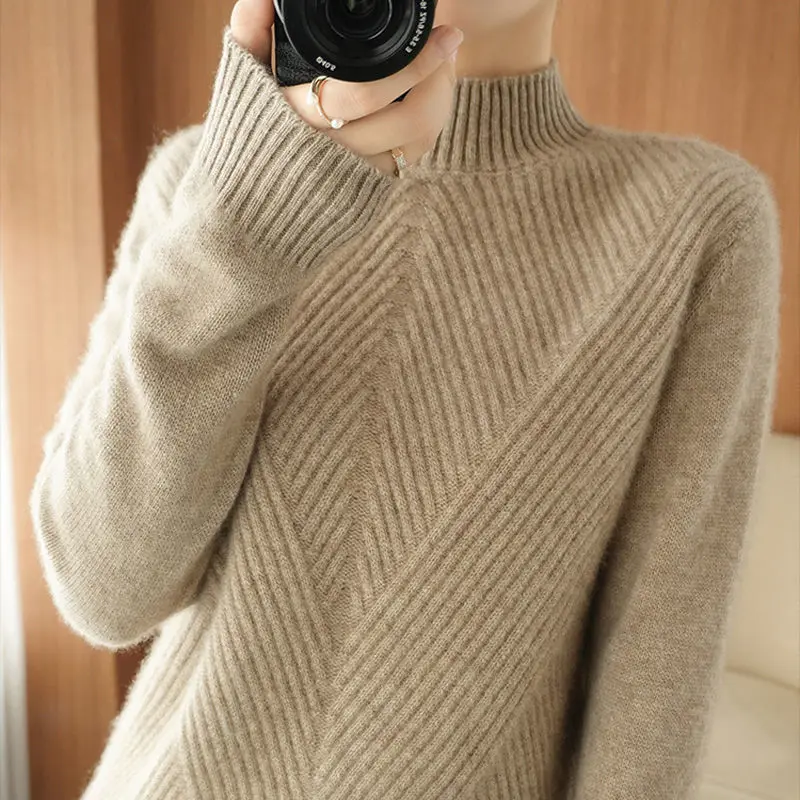 

WEIHAOBANG 2021 Autumn Winter New Women's Solid Color Knitted Sweater Pullover Half High Neck Long Sleeve Knitted Sweater