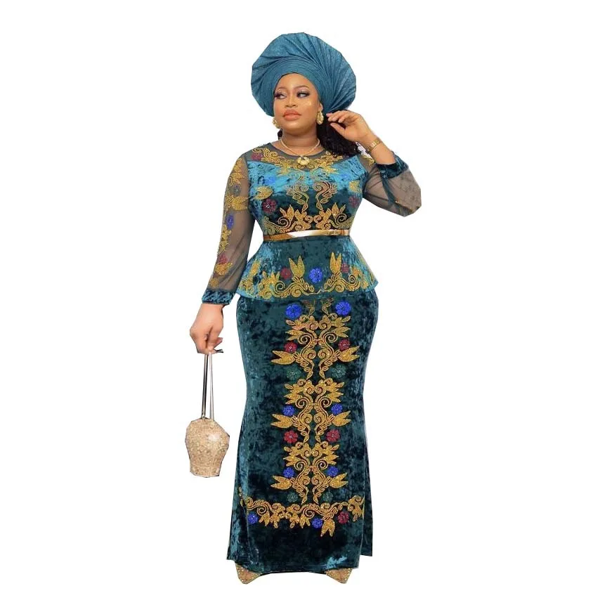 Elegant Velvet Party Dresses For Women African Dashiki Embroidery Long Dress Plus Size Nigerian Clothes Kaftan Maxi Dress Robe