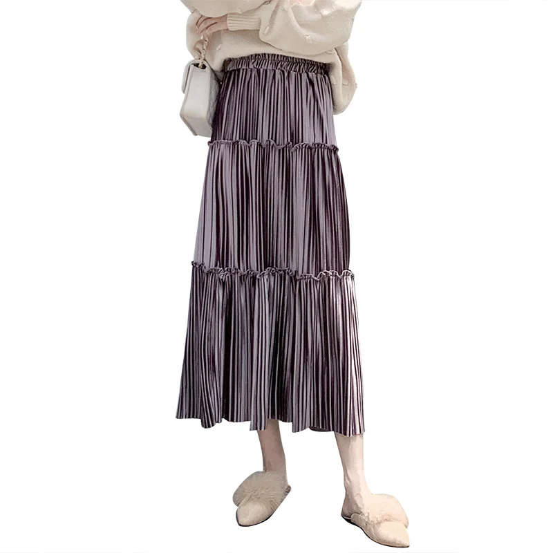 

Women's Skirt 2020 Autumn Winter Korean Velvet Cake Skirt Wood Ear Stitching Fold Skirt Large Swing Umbrella Skirt
