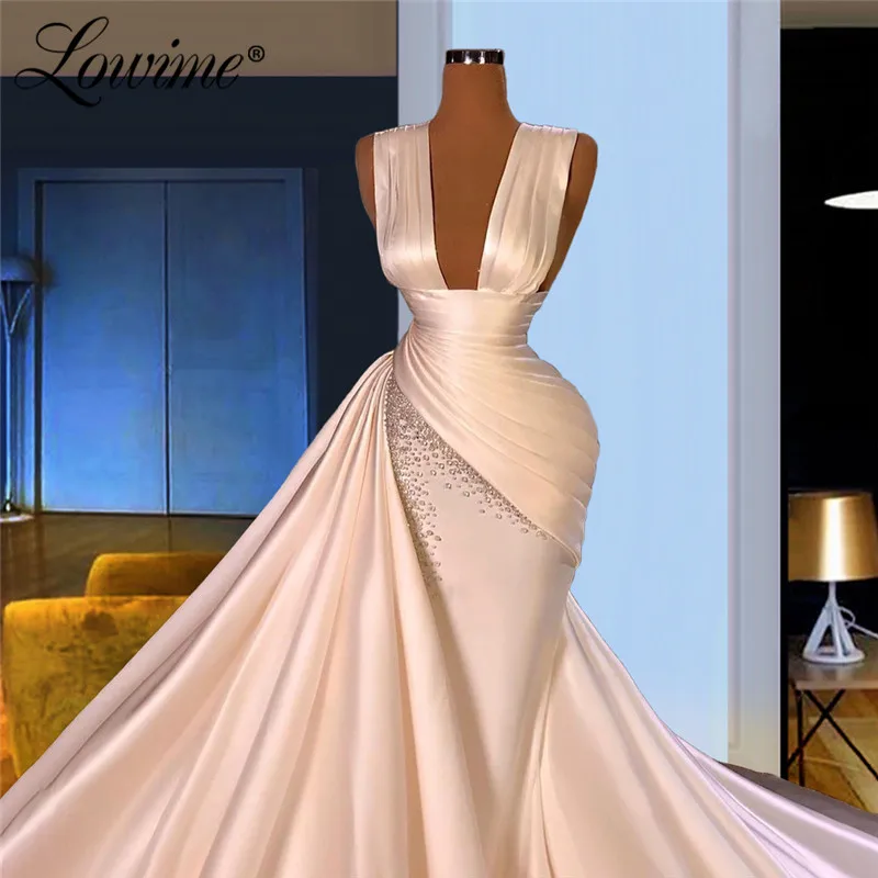 

Lowime Slim Mermaid Deep V Neck Party Dress Arabic Beaded Custom Plus Size Middle East Women Evening Wear Dubai Evening Gowns