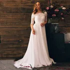 Шифоновое свадебное платье с круглым вырезом, кружевное длинное платье-трапеция с коротким рукавом и открытой спиной, официальное платье невесты, вечернее платье, 2020