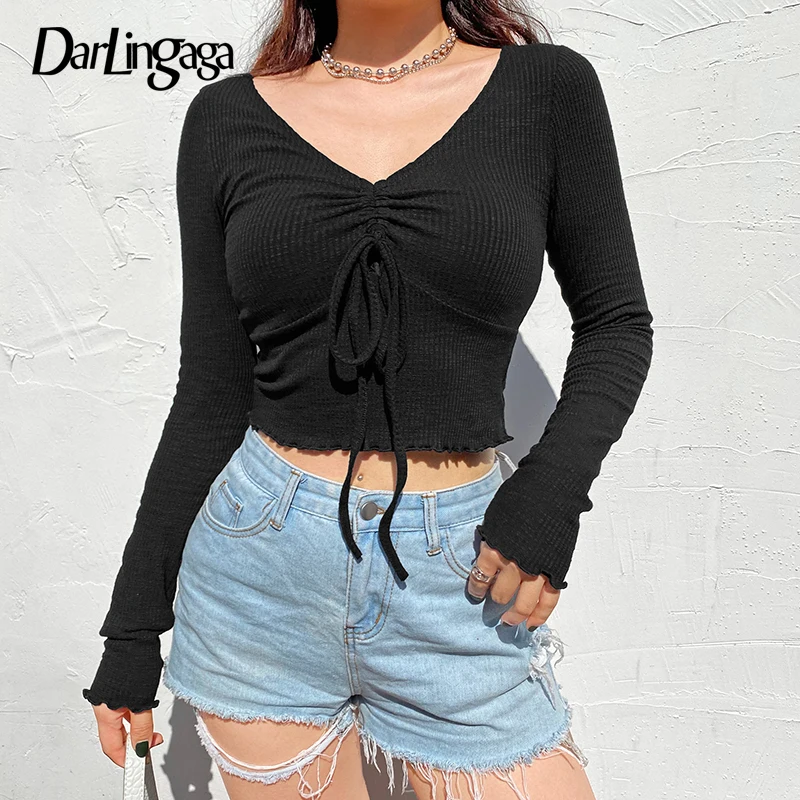 Женская футболка с длинным рукавом V образным вырезом|Футболки| |