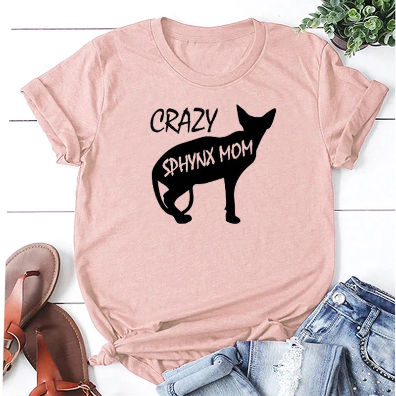 Женская футболка с рисунком Crazy Sphynx хлопковая уличная большого размера