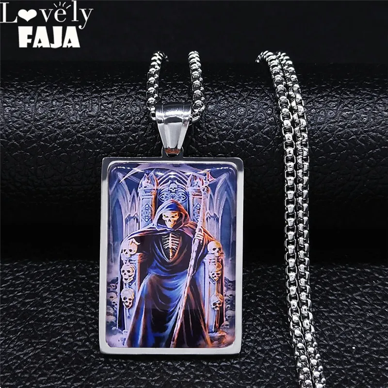 2022 Fashion Death Scythe Skull Stainless Steel Glass Geometry Chain Necklace Men Silver Color Jewelry colier homme N5227S03