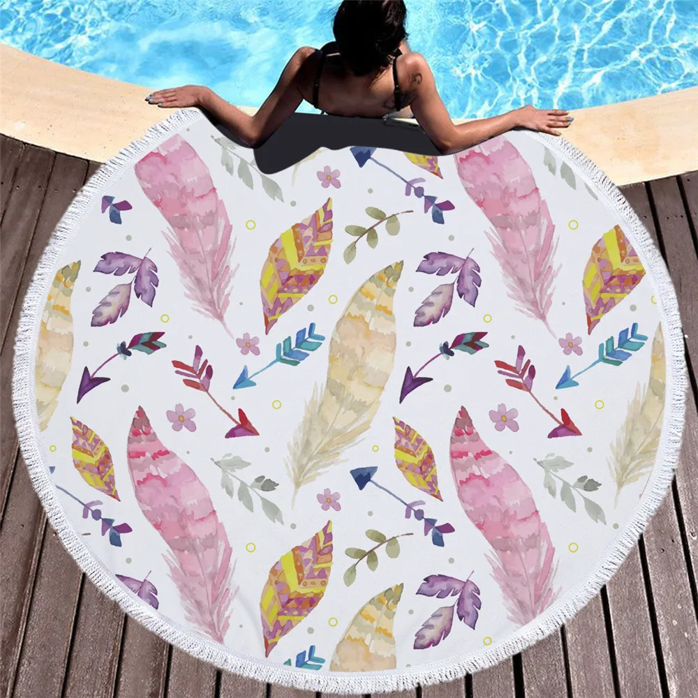 

Fashion Feather Round Beach Towel With Tassel 450g Microfiber 150cm Swimming Bath Towel Tapestry Yoga Blanket Carpet