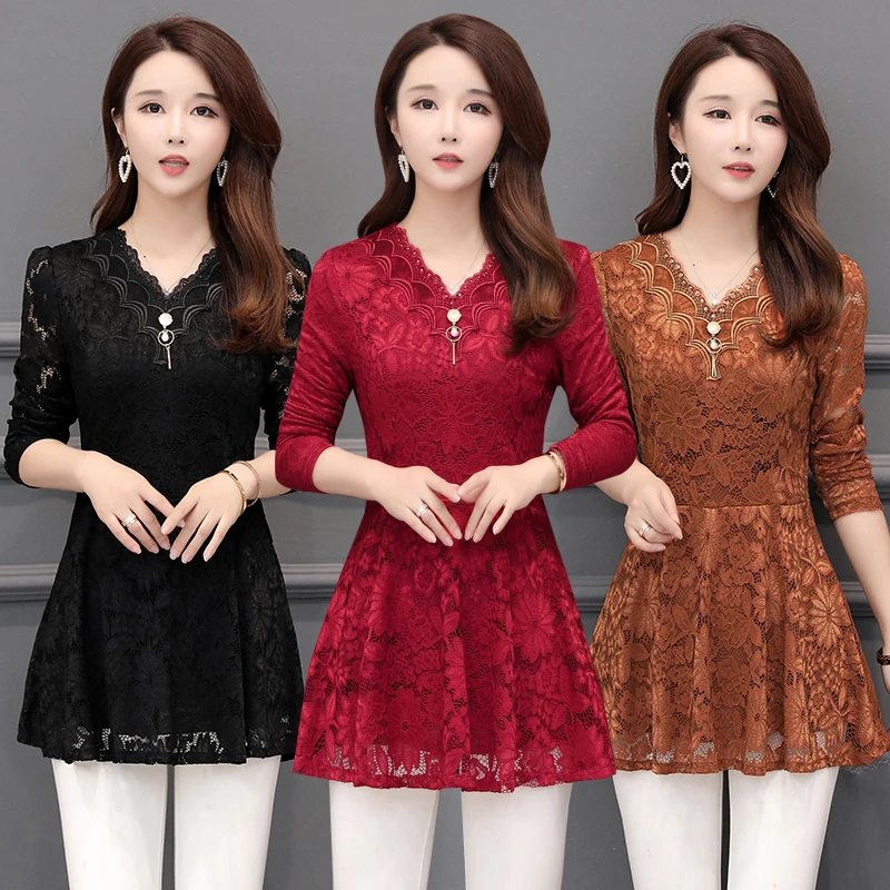 

2019 New Arrival Fashion Spring Long Sleeve Women Lace Blouse SHIRT Female Hollow Plus Size 5XL V-neck Solid Elegant Blouse