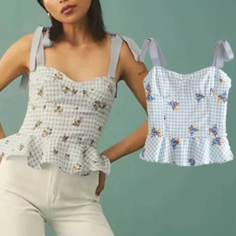 

Withered France Romantic Vintage Indie Folk Plaid Floral Sexy Tank Blouse Women Blusas Mujer De Moda 2020 Shirt Women Short Tops