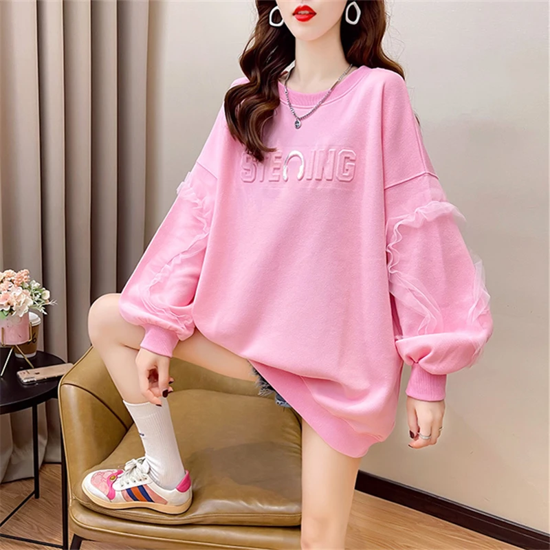 

Женская свободная толстовка с круглым вырезом, вогнутыми и выпуклыми буквами, кружевной топ с длинными рукавами, модель H296 на весну и осень, 2021