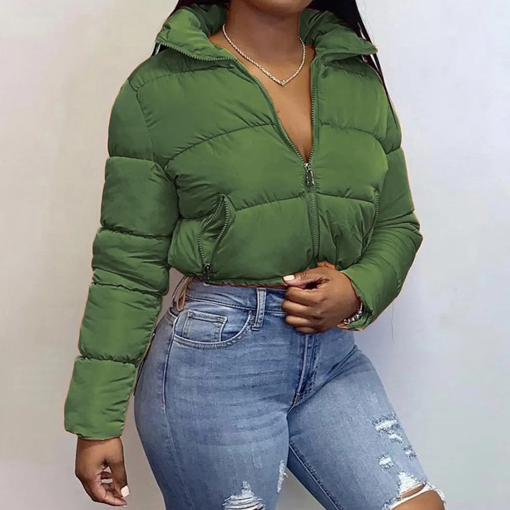 Oversize Women Loose Casual Solid Slim Warm High Collar Thick Puffer Padded Quilted Cropped Short Fashion Jacket Bread Outerwear