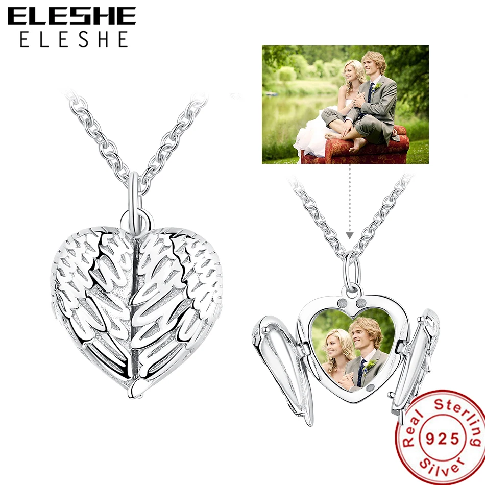 

ELESHE Personalized Photo Necklaces & Pendant 925 Sterling Silver Angel Wing Heart Chain Necklace Women Girls Anniversary Gifts