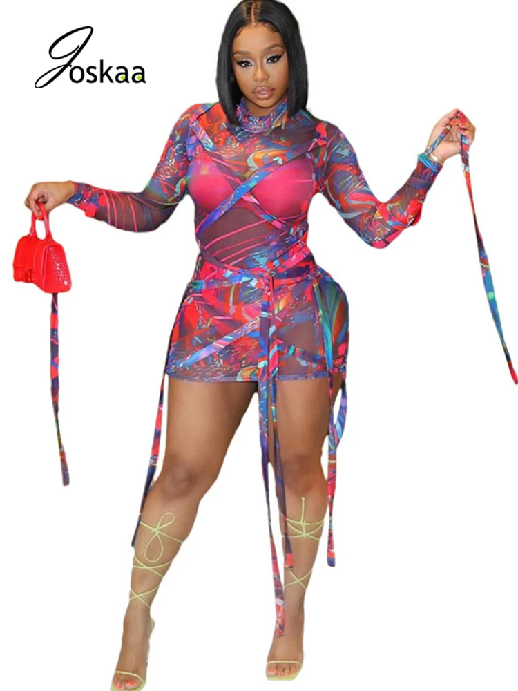 

Joskaa Cross Line Up Tassel Prined Mesh Mini Dress Women Long Sleeve Transparent Sexy Club Party Elegant Sumemr Spring 2021 New