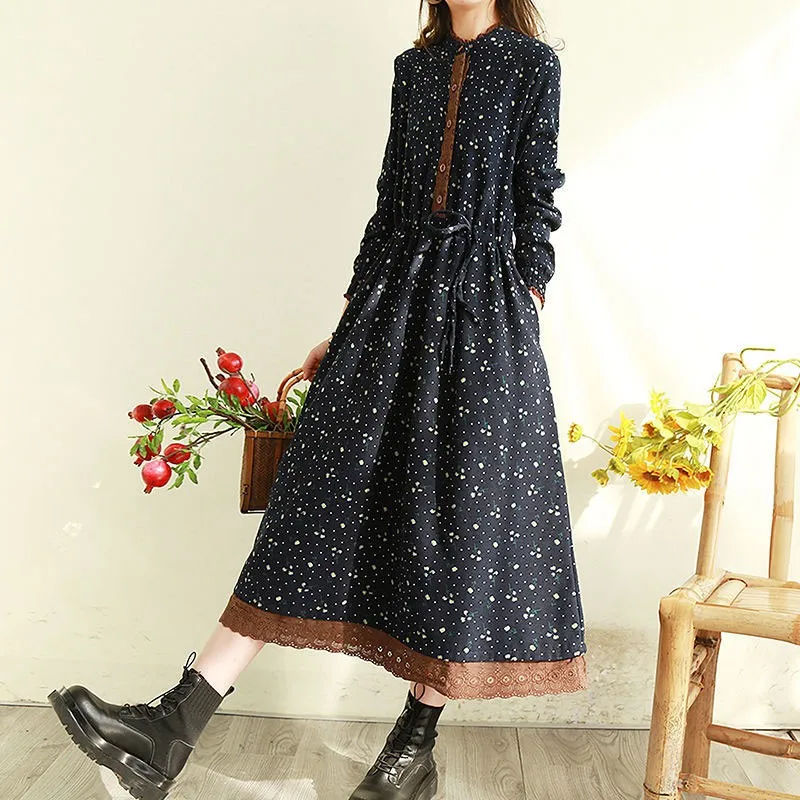 

Women Cotton Linen Casual Dresses New Arrival 2021 Spring Vintage Style Stand Collar Patchwork Lace Loose Female Long Dress