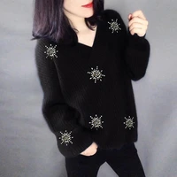 Black v-neck beaded printed sweater 2020 winter new fashion bottoming sweater womens fashion