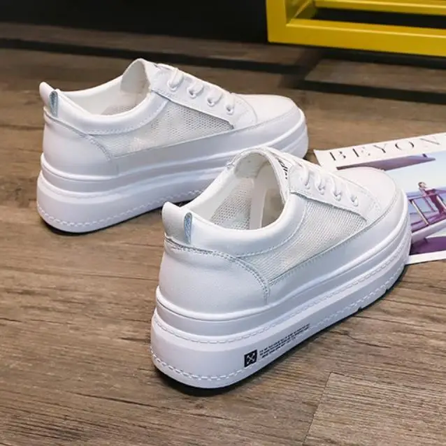 Женские кроссовки с дышащей сеткой белые на платформе Повседневная прогулочная