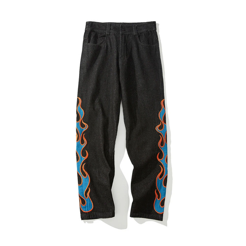 Men Fashion Flame Black Printed Jeans Pants Casual Loose Denim Wide Leg Jeans Trouser Men Women Pants Trousers Streetwear