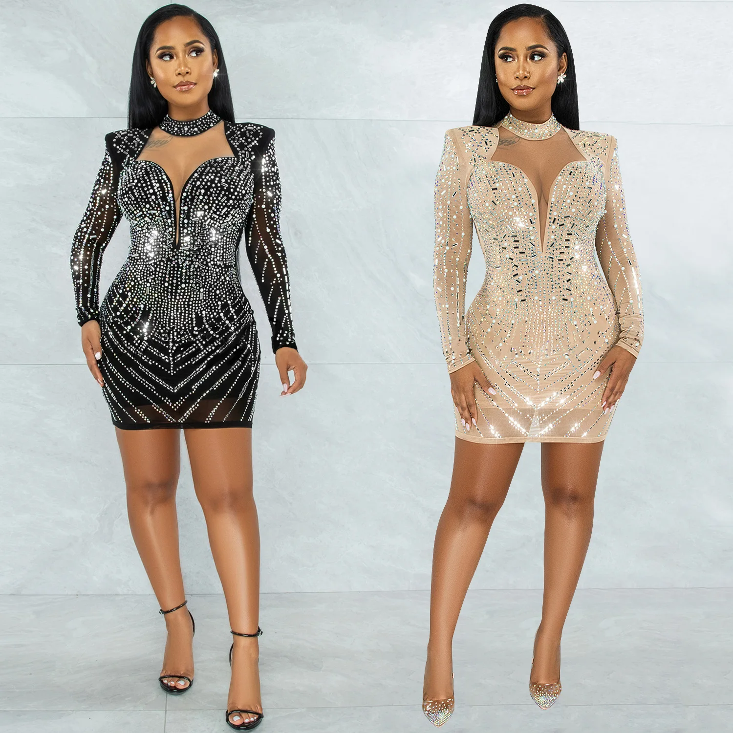 

Sexy deep V nightclub party dress hot drill mesh perspective women's fashion women's wrap tight skirt