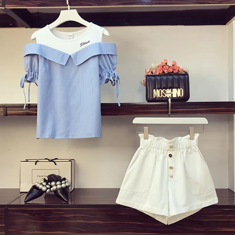 Женский дизайнерский летний комплект из 2 предметов блузка в полоску с открытыми