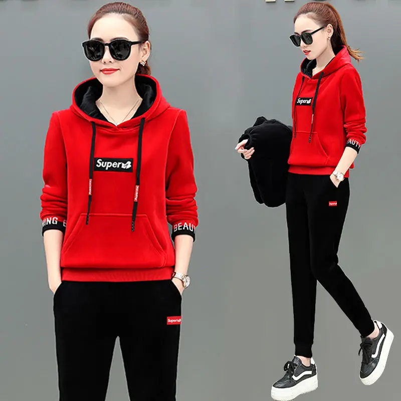 

2 Piece Outfits for Women Autumn and Winter Fashion Casual Korean-style Hoodie Thick Velvet Two-Piece