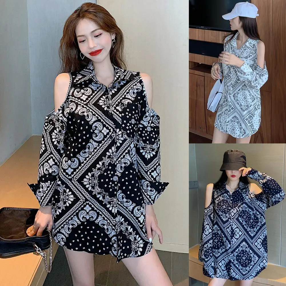 

Модная женская Свободная шифоновая Повседневная Блузка с открытыми плечами и длинными рукавами, рубашка для женщин размера плюс, модная од...