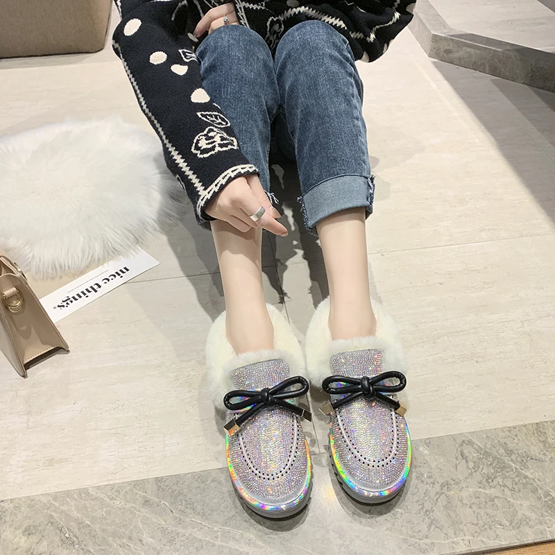 Shiny Glitter Snow Boots Women Fashion Warm Plush Ankle Boots Woman Non Slip Botas Mujer Butterfly-knot Decoration