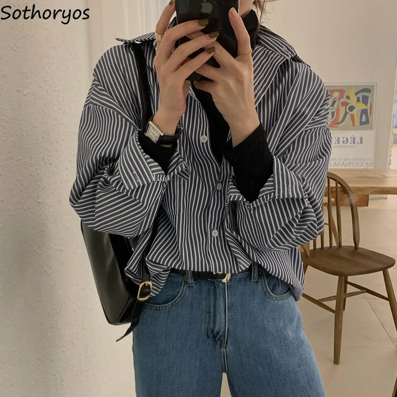 

Блузка женская, с отложным воротником, с длинным рукавом, полосатая, с принтом, повседневная, весенне-осенняя