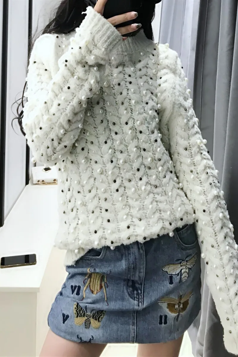 

Women's Sweater 2020 Autumn Winter New Full Body Beaded Outerwear Loose Sweater All-Matching Top Black/white Knitted Sweaters
