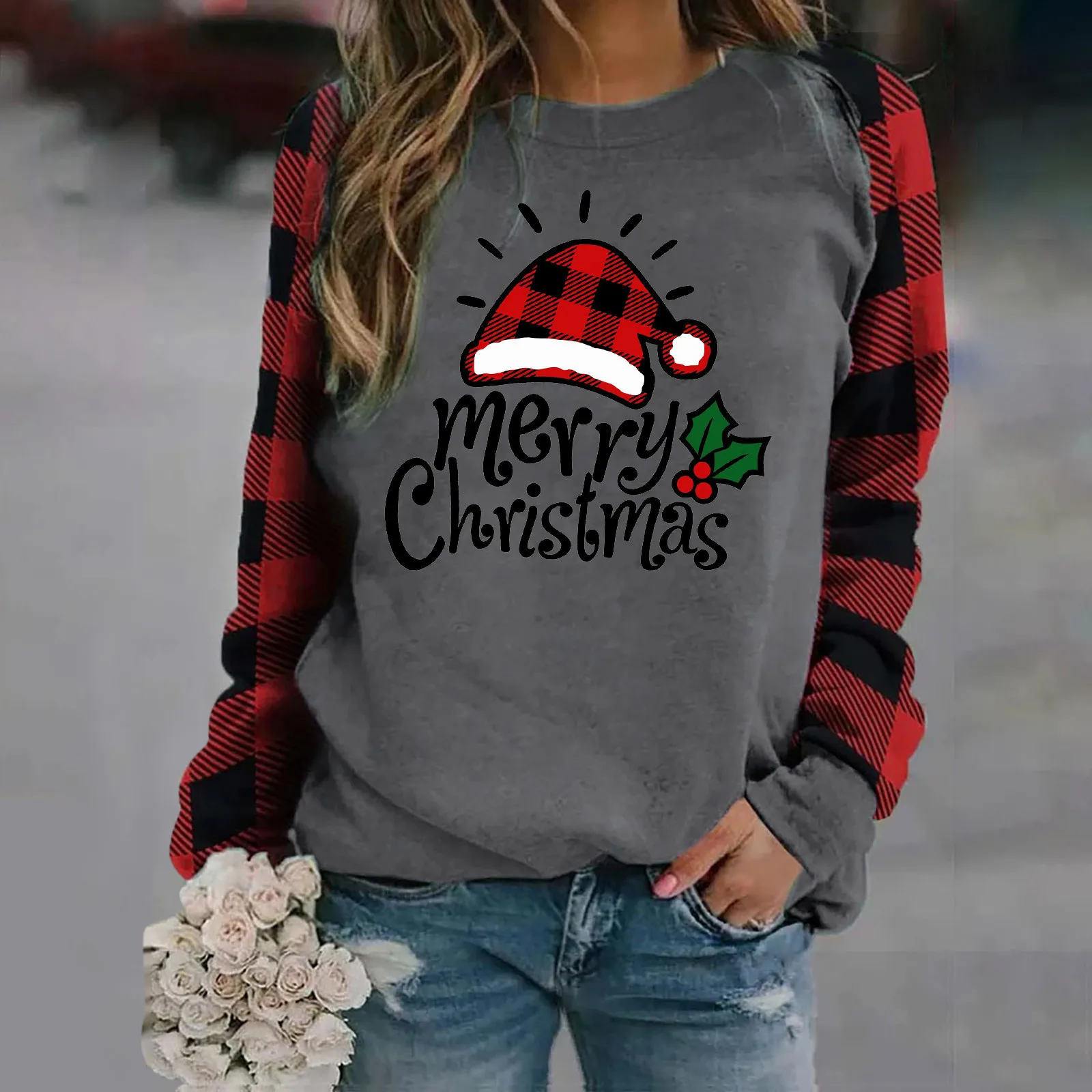 

Женские свободные пуловеры, женские топы, рождественские свитшоты с длинным рукавом, Повседневный пуловер в клетку с принтом, свитшоты, жен...