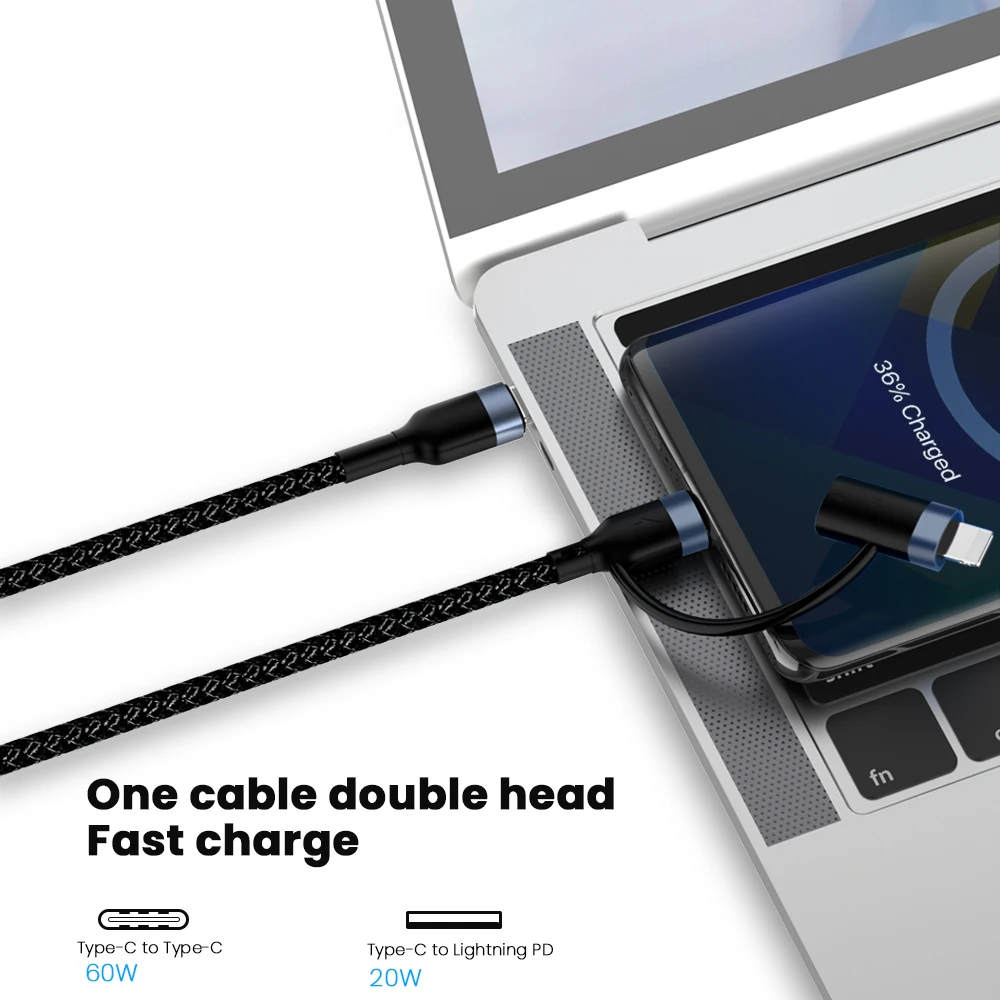 

3A Double Type-c Head To 8 Pin Cable 60W/20W 2 In 1 Fast Charging Kable 1m USB C Data Wire Cord For iPhone 12 11 Pro MacBook